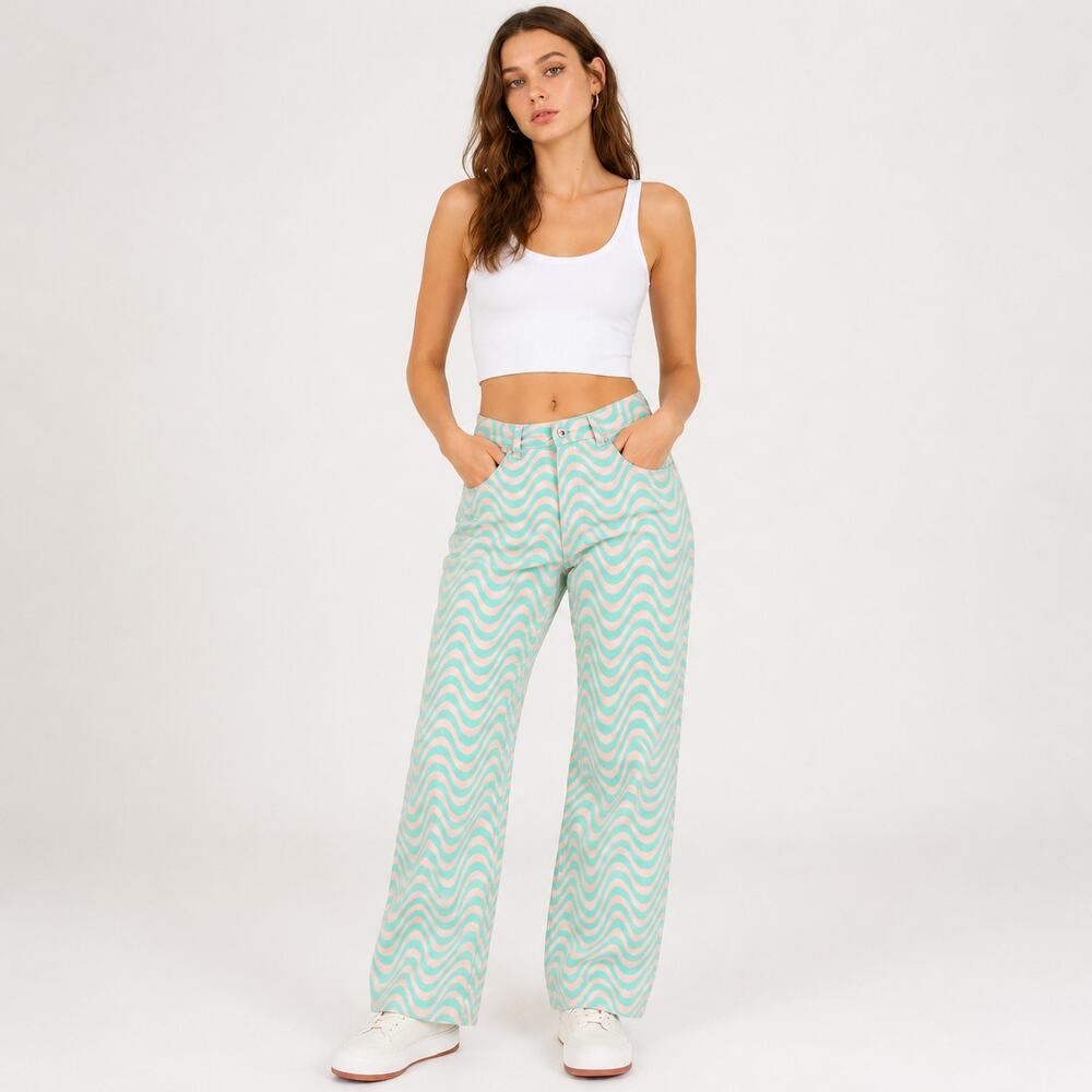 The Ragged Priest Wave Jeans Pink Mint Green Wavy Stripe Wide Leg Denim Size 32
